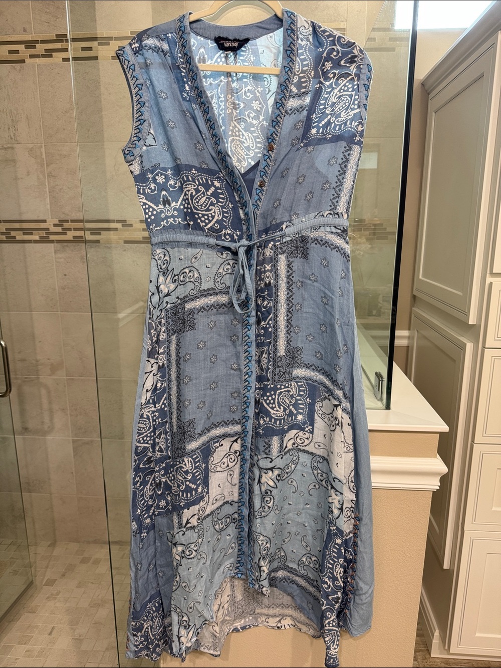 Johnny Was Sleevelesse Blue Paisley Tie-Waist Midi Dress